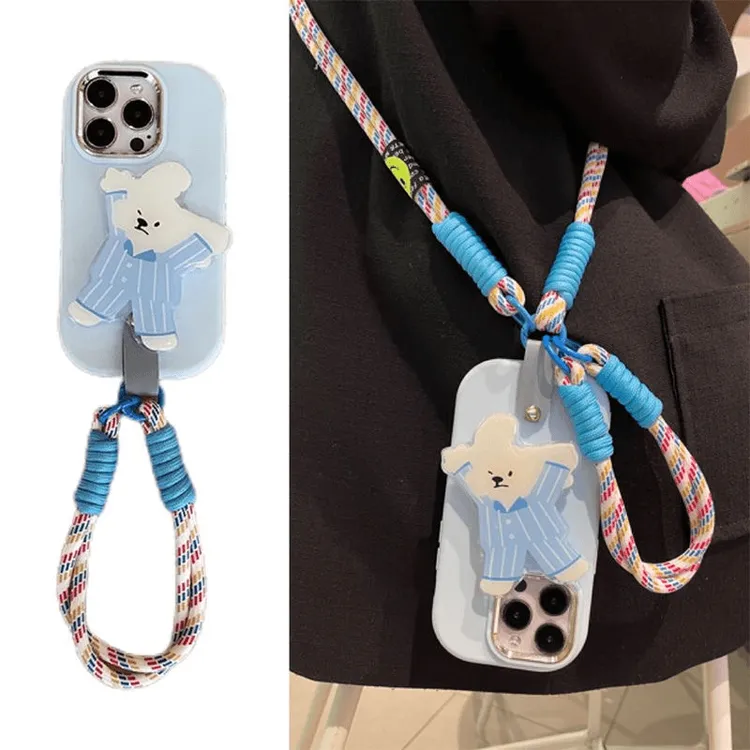 冰川蓝睡衣小熊支架手绳苹果15手机壳11iPhone13pro斜挎12软14