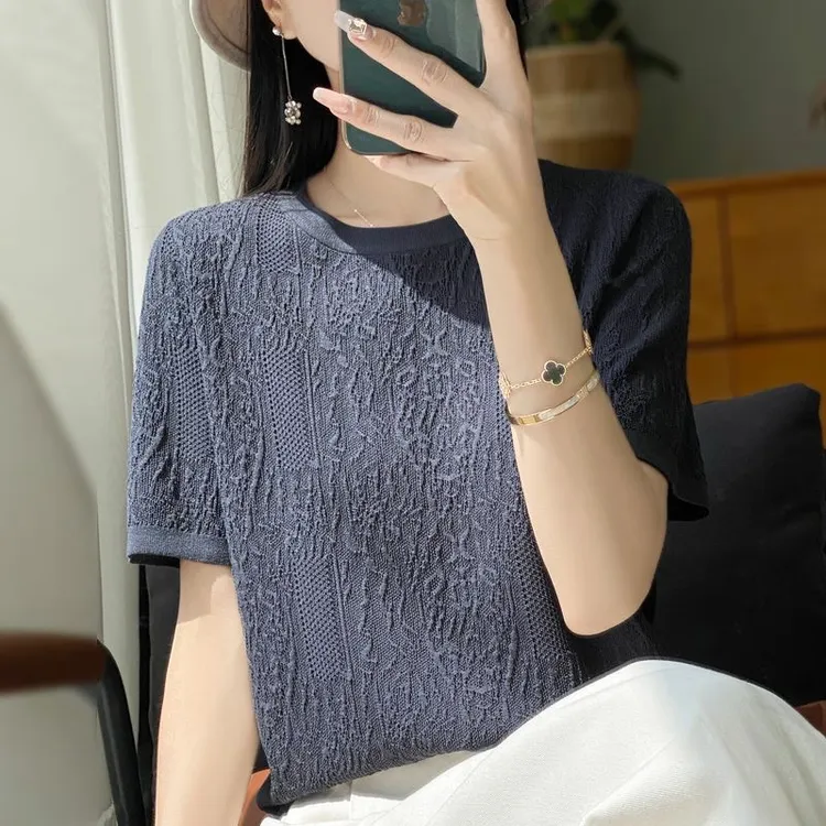 夏季冰丝浮雕圆领新款短袖T恤针织宽松打底针织衫百搭上衣