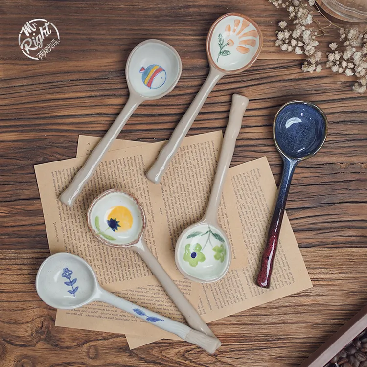 式复古精致ins风家用创意陶瓷勺子长柄饭勺高颜值个性粗陶汤勺