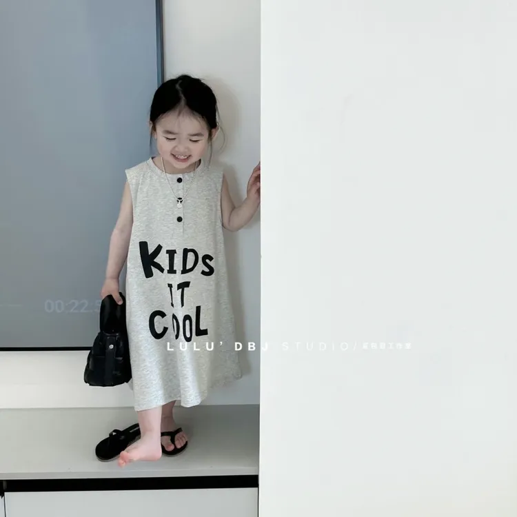 女童宝宝韩版印花字母T恤裙儿童洋气背心裙夏季时尚女宝无袖裙子