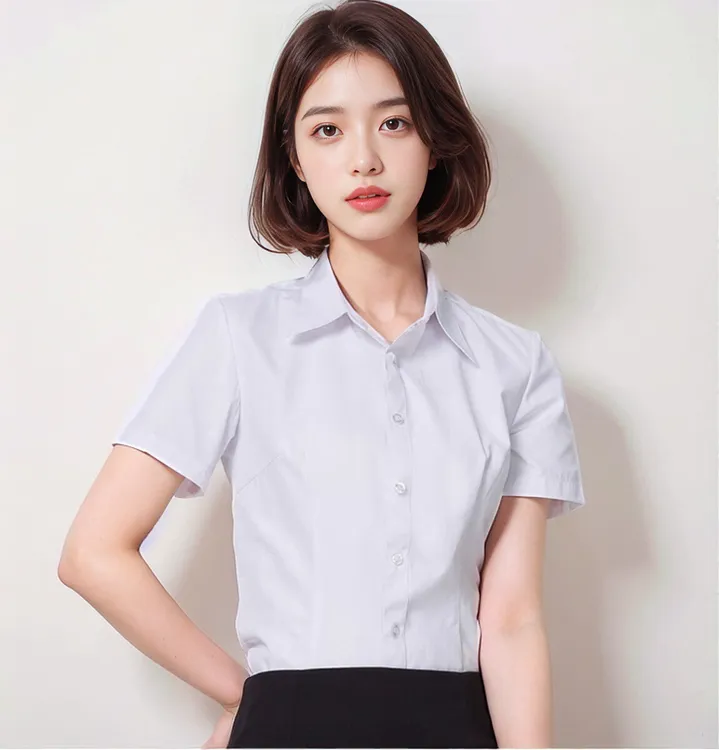 【福利】女士白衬衫平面大码棉长短袖职业装工装平领白衬衣收腰显瘦