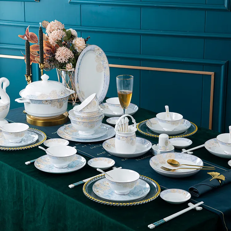 骨质瓷景德镇骨瓷简约中式欧式吃饭高档轻奢碗碟盘碗盘碟家用金边