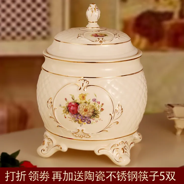 欧式陶瓷米缸米桶储米箱10公斤kg装家用厨房带盖储物面粉家用米坛
