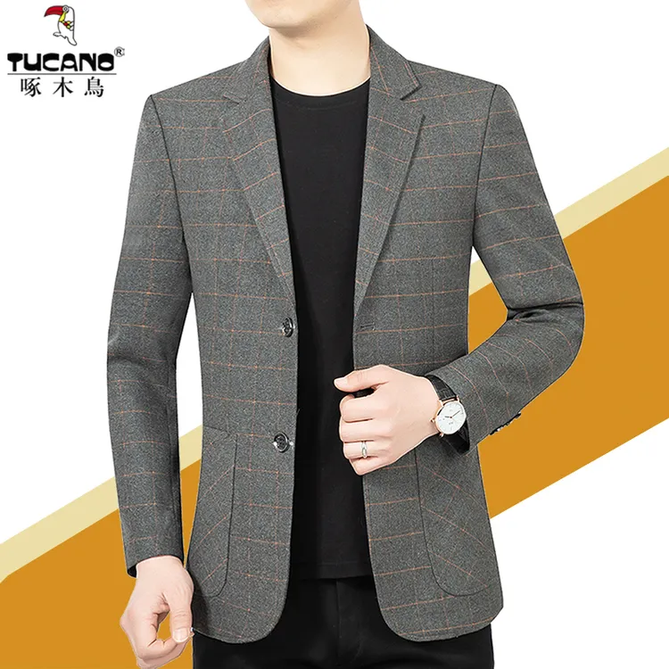 啄木鸟正品男士西服春季新款专柜正品格子西装中青年商务休闲外套