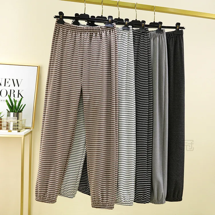 德绒条纹束脚裤女高腰休闲裤秋冬睡裤季双面磨毛保暖宽松家居长裤