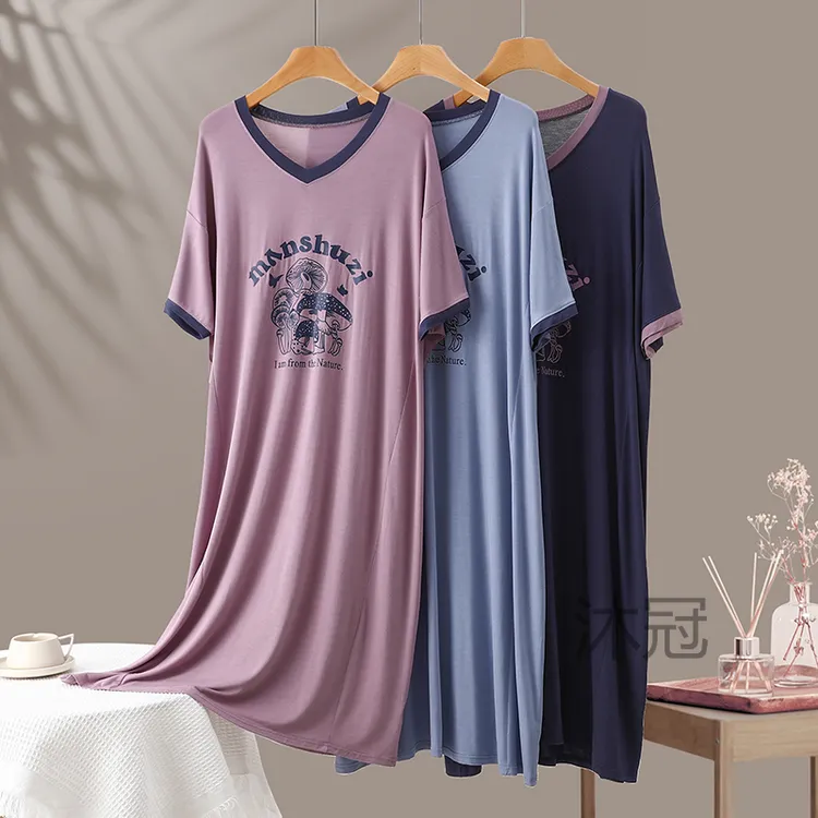 短袖连衣裙女士宽松印花中长款夏季薄款莫代尔睡衣大码家居服睡裙