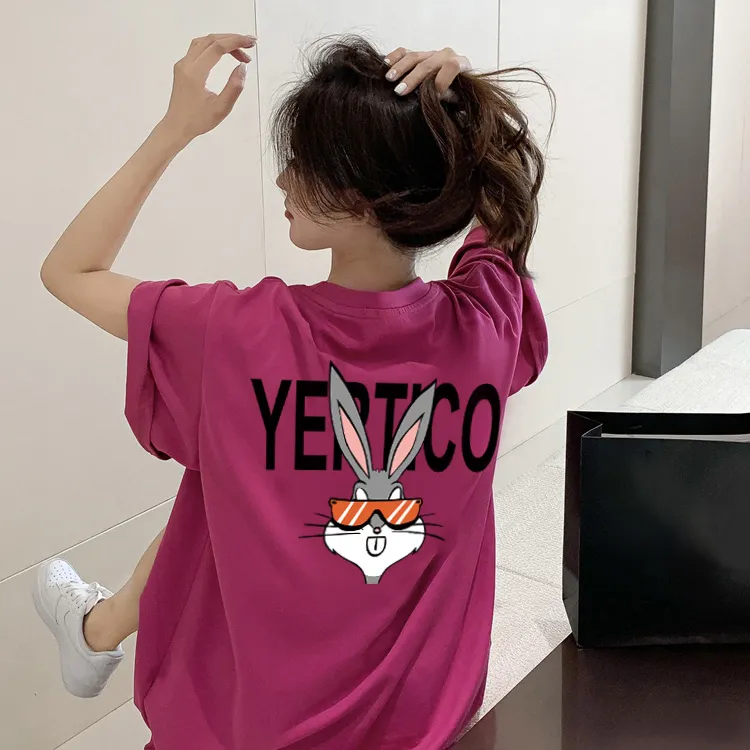 小众印花火龙果色时尚纯棉短袖t恤女百搭ins宽松美式休闲上衣#N94