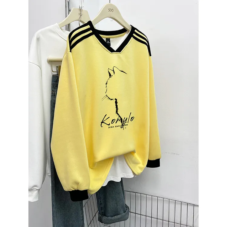 美式撞色条纹V领卫衣女秋冬2024年新款爆款宽松时尚猫咪印花上衣