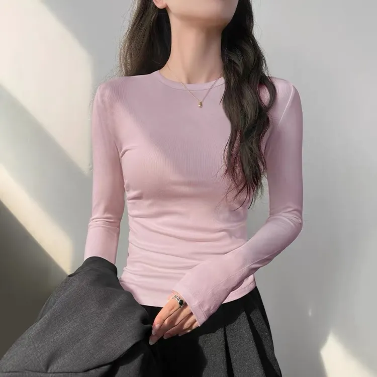 打底衫内搭圆领秋冬上衣新款体恤修身长袖t恤女2025早秋棉质粉色