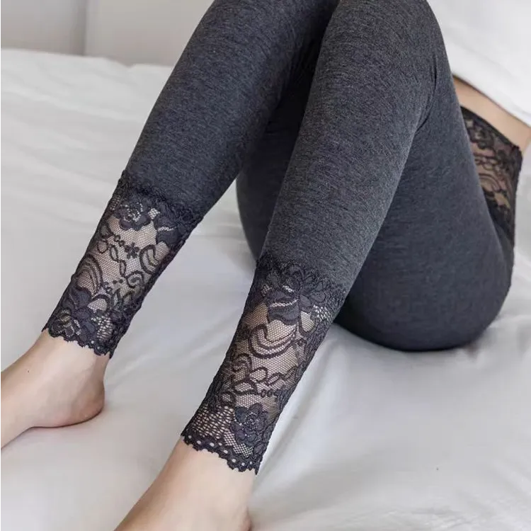 大码莫代尔打底裤女百搭春秋时尚紧身裤修身蕾丝薄款秋裤弹力裤子