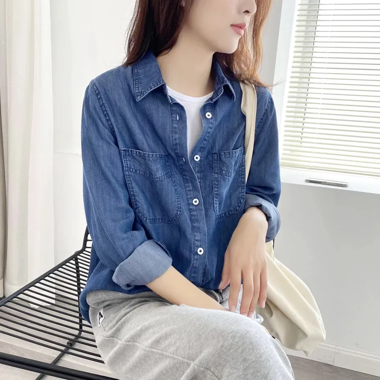 【现货】薄款天丝显瘦牛仔衬衫女韩版2024春秋新款宽松休闲衬衣外套