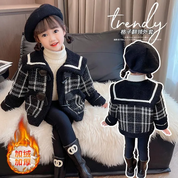 女宝宝格子款小童外套女童小儿童装加绒加厚小香风大衣洋气潮翻领