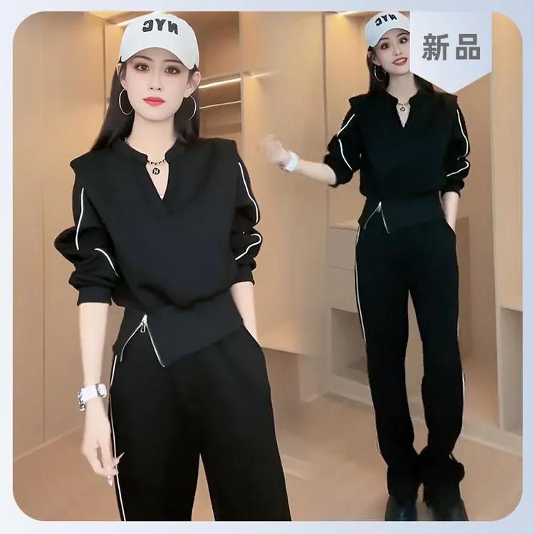 2026春秋新款欧货休闲运动套装女时尚洋气设计感收腰卫衣两件套女