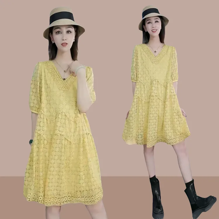 时尚短袖V领连衣裙女新款夏季2025大码蕾丝气质减龄显瘦中长裙子
