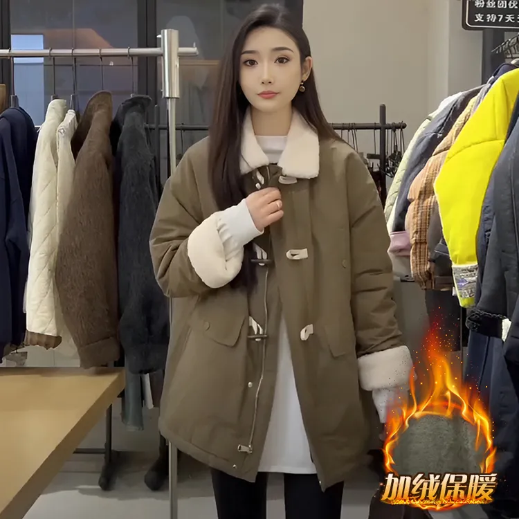 毛毛拼接牛角扣棉服女冬季2025新款韩系小个子保暖加厚棉衣外套