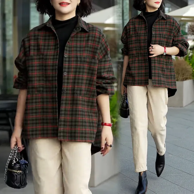 格子衬衫女复古港味2026年春秋新款洋气宽松显瘦长袖衬衣百搭外套
