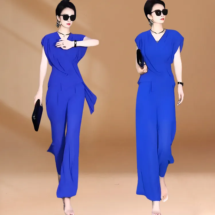 气质御姐范套装女2026年夏季修身显瘦漂亮小衫+宽松直筒裤两件套