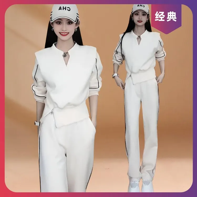 春秋新款休闲运动套装女网红时尚韩版V领开叉卫衣欧货爆款两件套