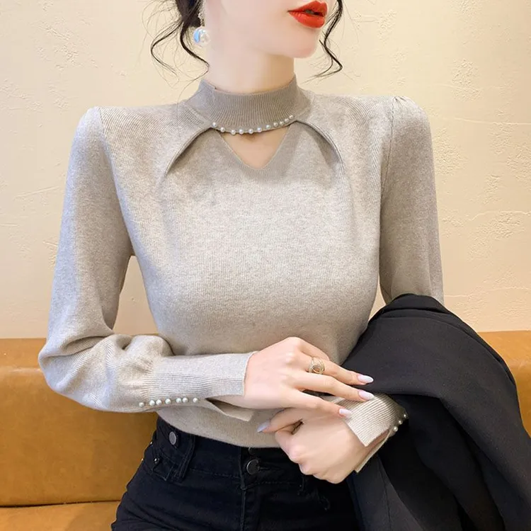 高档钉珠针织衫女秋冬半高领修身毛衣女款2025新款女装打底衫上衣
