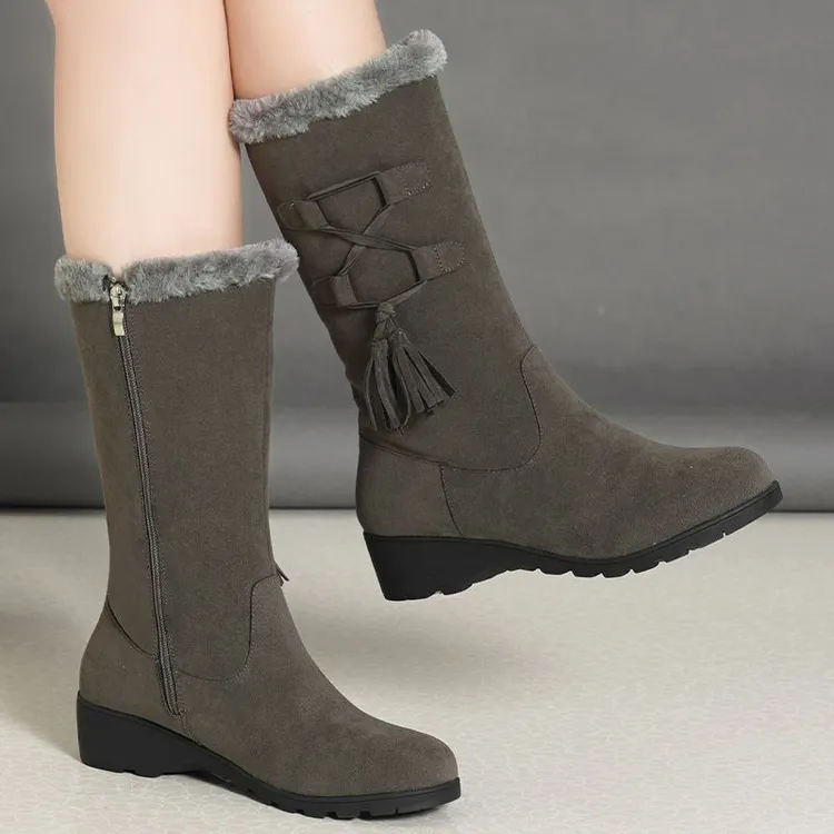 冬季百搭加绒女士中筒靴防滑加厚保暖雪地靴外穿软底休闲防寒棉靴