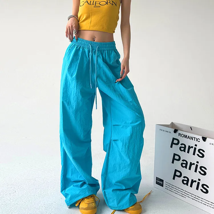 湖蓝色复古褶皱伞兵工装裤女薄款宽松直筒夏季阔腿跳舞运动长裤子