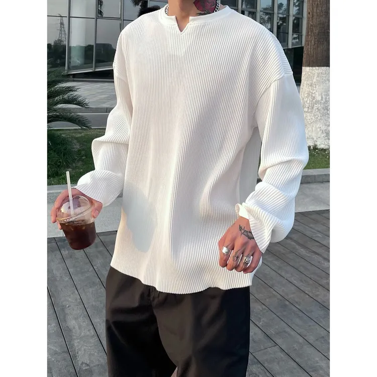 OXFREAK / 高级感v领褶皱垂感圆领冰丝长袖t恤男宽松男装秋季上衣