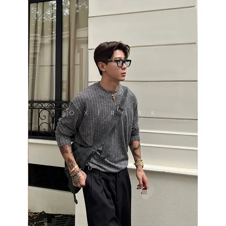 OXFREAK 24FW「钩针提花 肌理舒适」纯色圆领长袖t恤男宽松打底衫