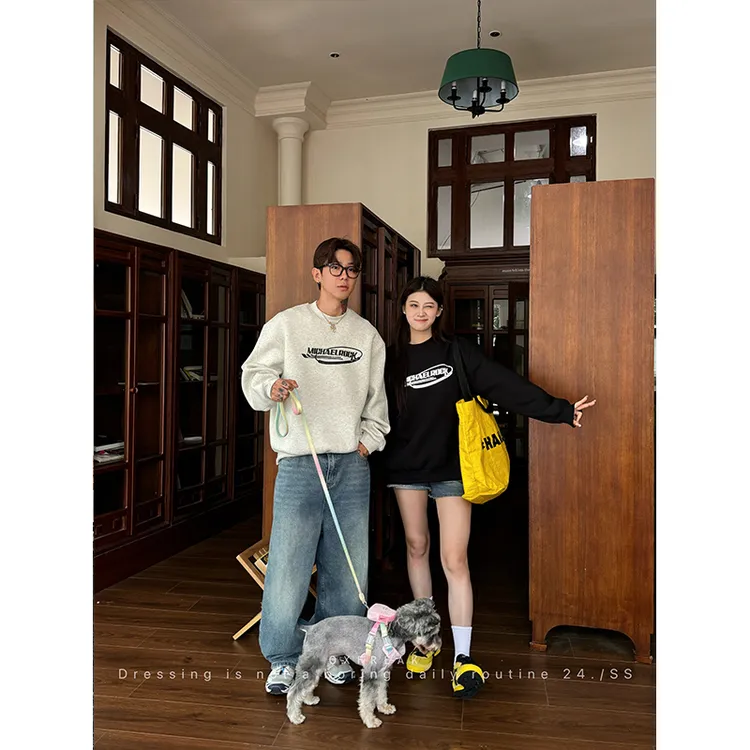 OXFREAK 24FW「光盘字母印花」美式重磅灰色卫衣男宽松圆领长袖衫