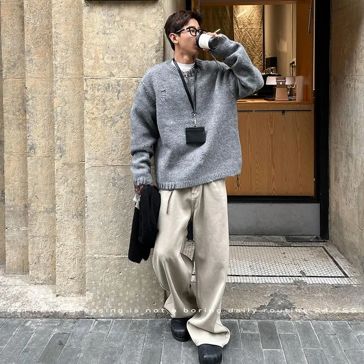 OXFREAK「不规则破坏磨烂」秋冬套头灰色毛衣男宽松圆领休闲针织衫