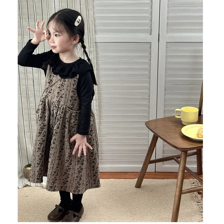省心穿搭套装韩系女童新款秋季碎花复古洋气花边领两件套女宝秋装
