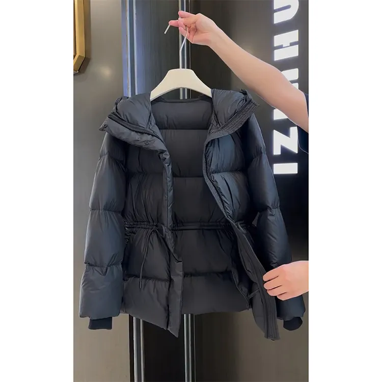 【现货】欧货加厚修身收腰连帽棉服女中长款黑色超好看气质棉衣外套