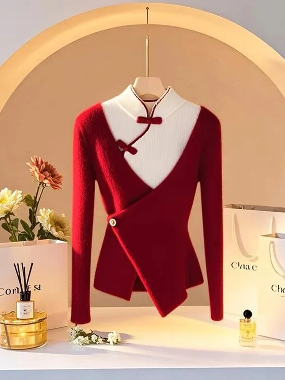 圣诞新年红色假两件针织衫内搭上衣女2024冬季设计感软糯撞色毛衣