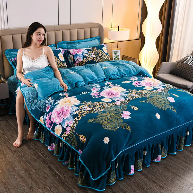 冬季加厚印花款牛奶绒四件套双面绒法兰绒保暖被套床上毛绒四件套