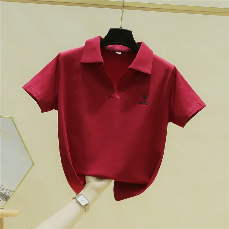 纯棉短袖polo衫女装休闲t恤夏季时尚青春百搭修身翻领大v领上衣服