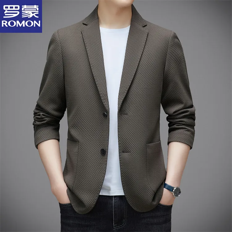 罗蒙休闲西服外套男士2024春秋格纹单西上衣服新款高档商务西装男