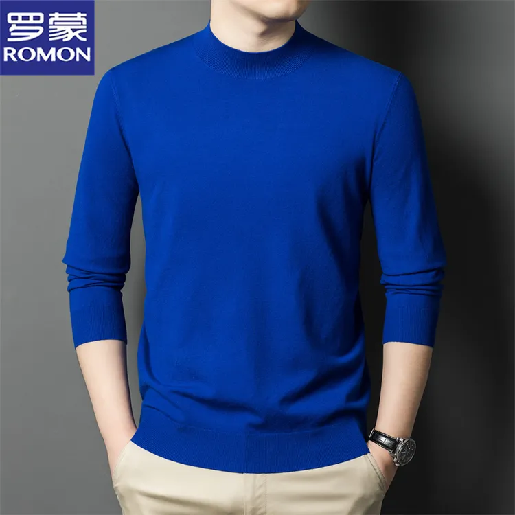 罗蒙秋季薄款纯色针织衫男士休闲百搭半高领纯色毛衣修身保暖上衣