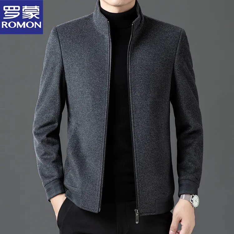 罗蒙高档羊毛呢夹克秋冬季商务保暖立领外套男士中年休闲亲肤男装