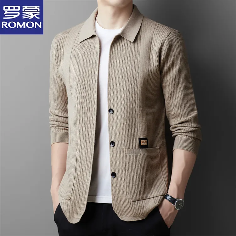 罗蒙秋季时尚百搭针织开衫男士商务休闲纯色翻领外穿毛衣休闲上衣