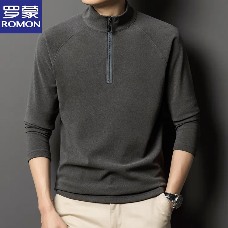 罗蒙秋冬季男士半高拉链领免烫卫衣纯色双面绒长袖T恤休闲打底衫
