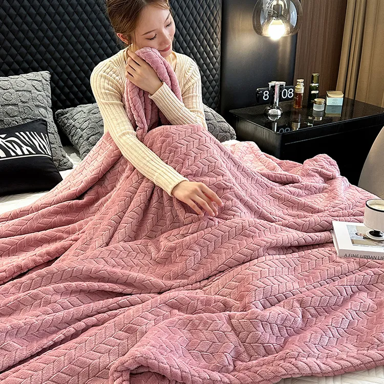 简约纯色提花仿兔毛毯法兰绒午睡休闲毯保暖床单 麦穗