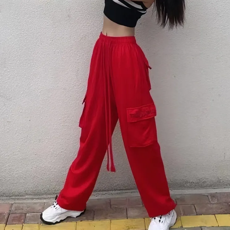 复古运动宽松裤时尚阔腿高腰工装裤显瘦工装裤爵士舞服装女工装裤