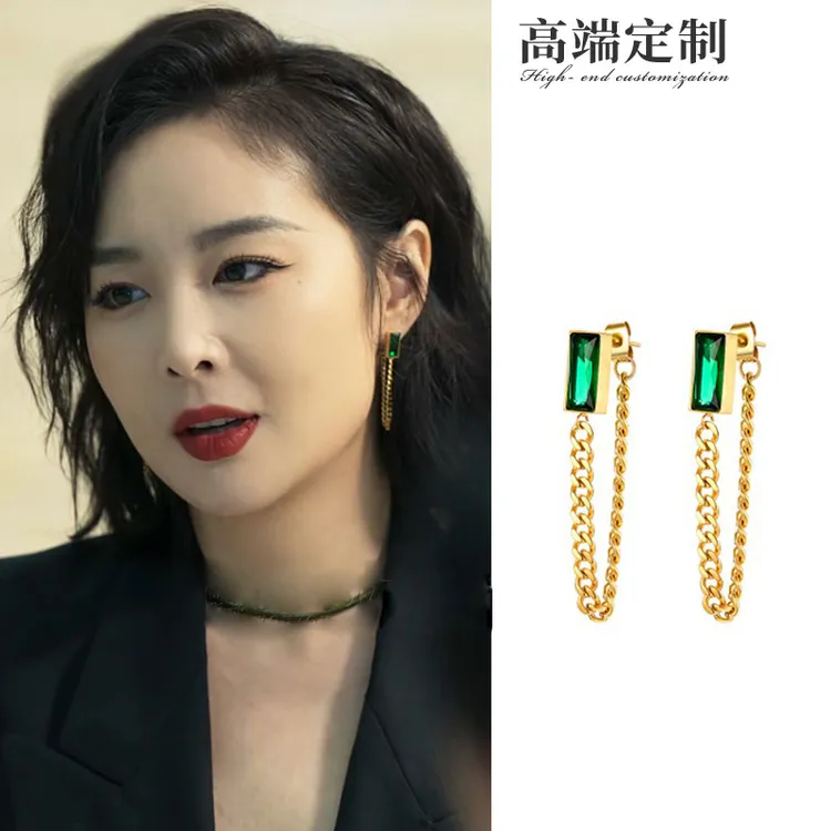 铜合金耳饰 狂飙大嫂陈书婷高叶同款耳环女绿色链条高级感耳饰137