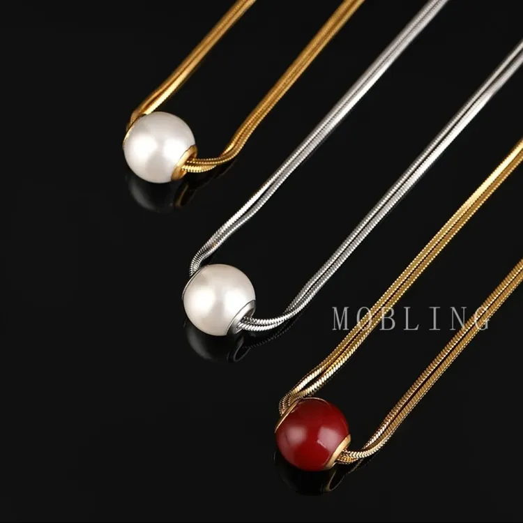 钛钢仿珍珠项链 钛钢蛇骨链气质轻奢时尚法式小众简约长款