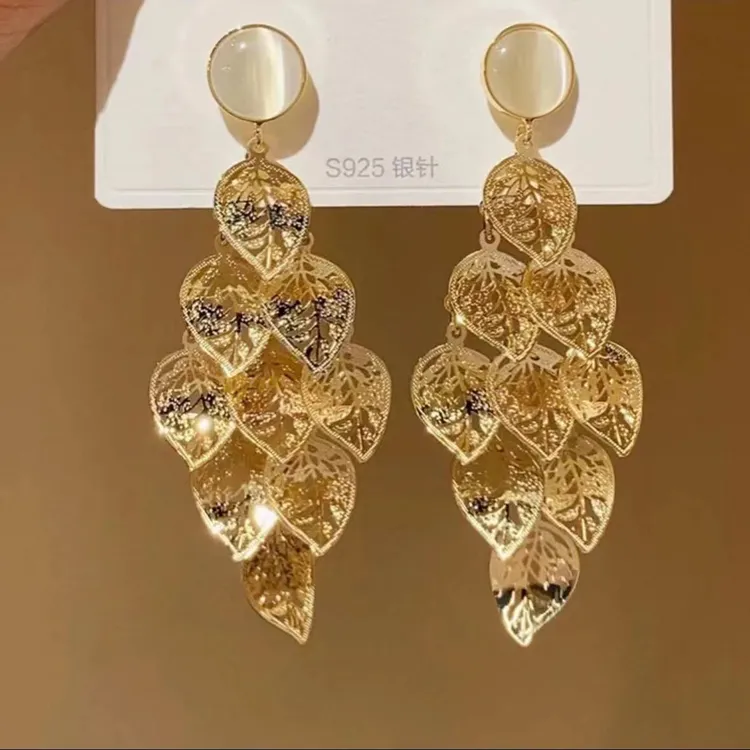 铜合金耳饰 【金枝玉叶耳环女】金色树叶耳饰女 
