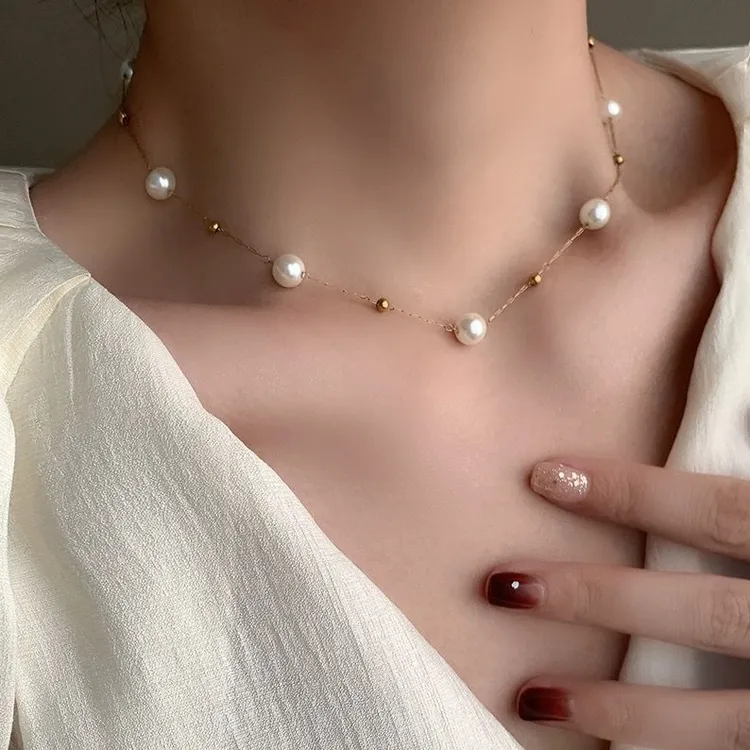 钛钢仿珍珠项链 法式浪漫轻奢小众满天星项链女