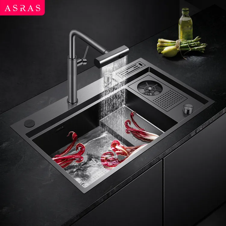 阿萨斯厨房大单槽纳米蜂窝压纹304不锈钢水槽多功能洗碗池洗菜盆