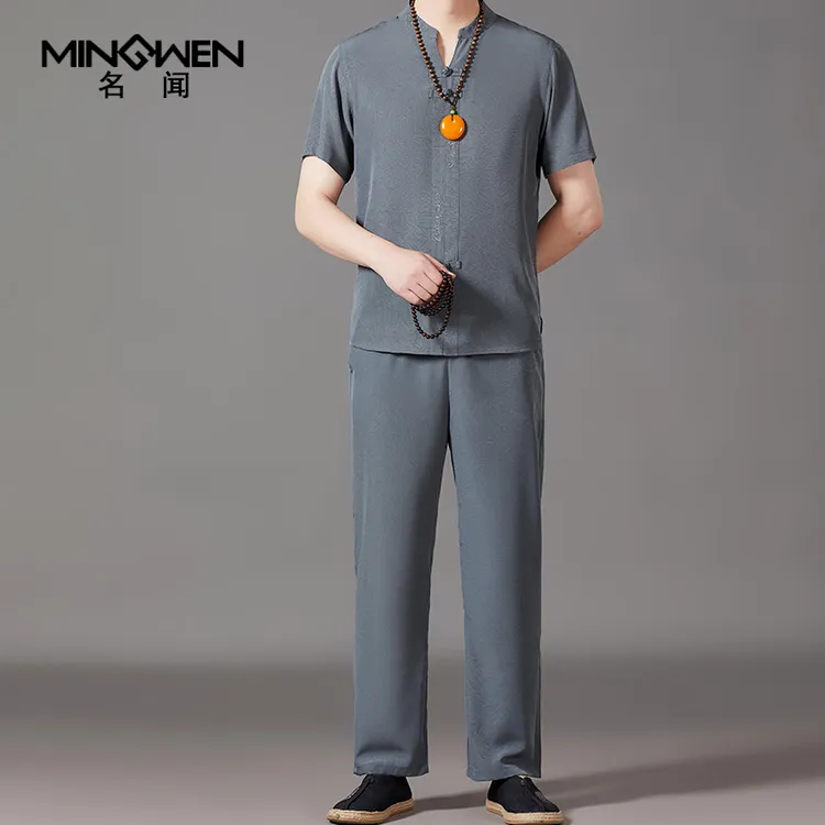 冰丝短袖唐装套装男夏季薄时尚潮流新中式国风印花刺绣立领两件套