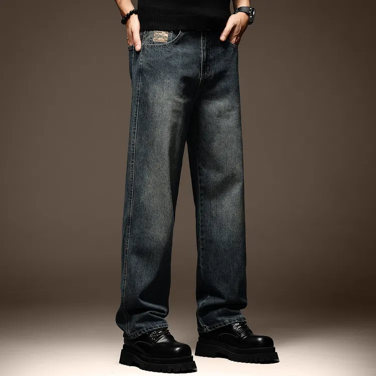 高端美式复古蓝色牛仔裤男潮牌休闲秋季加绒阔腿宽松直筒大码裤子