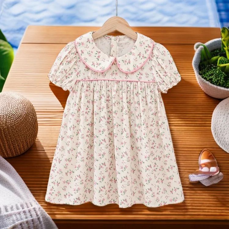 新款娃娃领纯棉碎花裙女童连衣裙夏款小童甜美a摆裙子短袖洋气