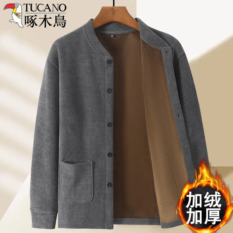 啄木鸟秋冬季雪尼尔加绒加厚开衫男爸爸中老年人爷爷上衣外套毛衣